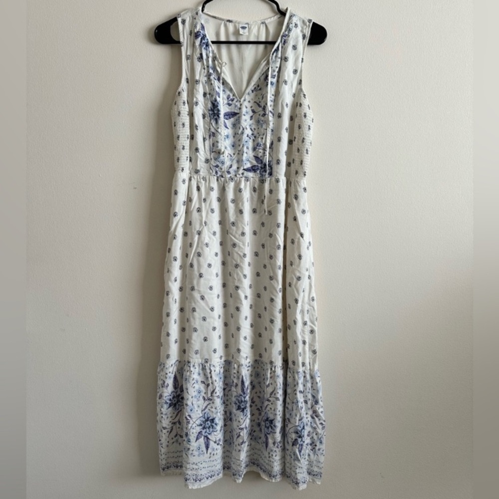 Old Navy Floral Tie Neck‎ Midi Dress Modest Lined Smocked Sides